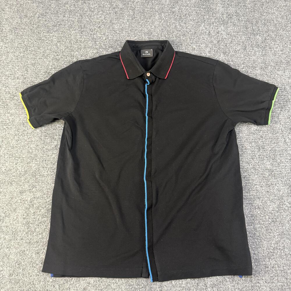 PS Paul Smith Shirt Mens XL Black Blue Red Trim Collar Button Up Knit Cotton